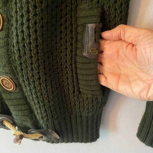Leif Nelson Cardigan with Stand-Up Collar Forest Green Fisherman Irish Large - Picture 6 of 10